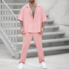 Men's pink linen short-sleeve shirt and matching trousers set, relaxed fit