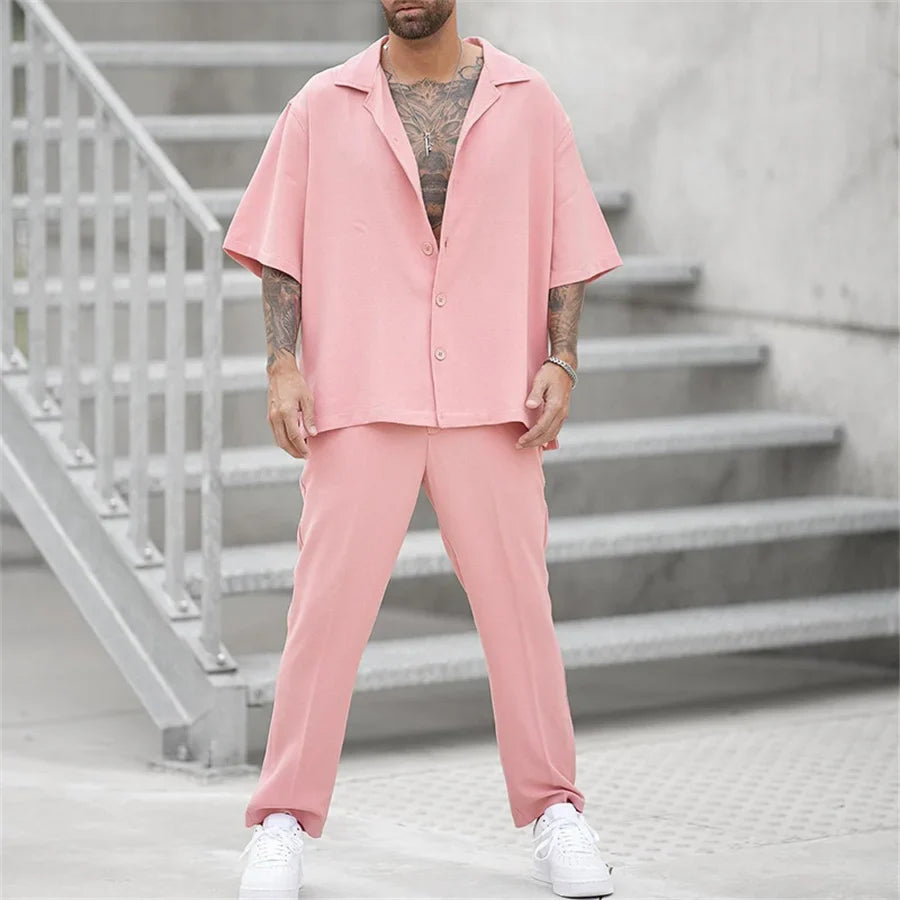Men's pink linen short-sleeve shirt and matching trousers set, relaxed fit