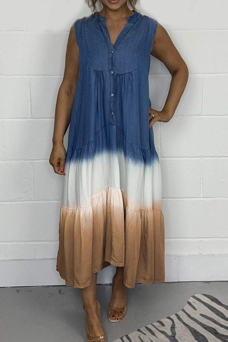 Nina™ summer dress, sleeveless V-neck with button front and blue-white-brown tiered hem
