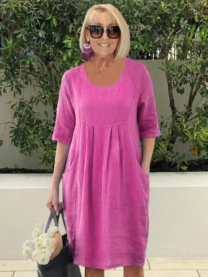 Vivian™ cotton summer dress, pink, scoop neck, short sleeves, gathered waist