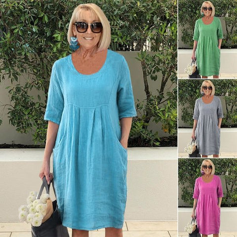 Vivian™ cotton summer dress shown in blue, gray, and pink; scoop neck, short sleeves
