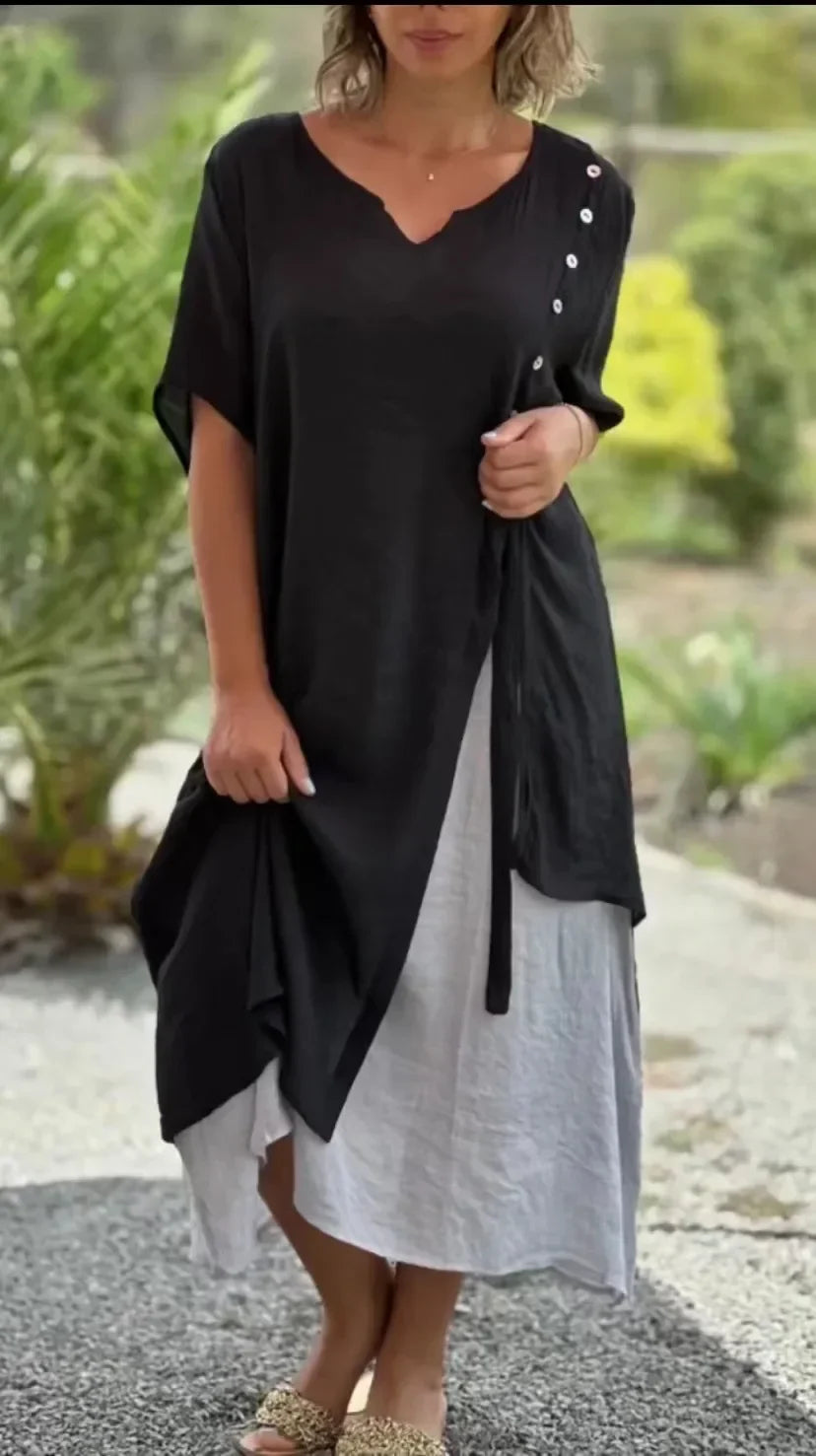 Ingrid™ summer dress, black V-neck with side slit and short sleeves