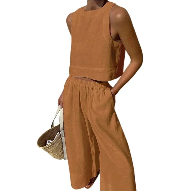 Two-piece sleeveless crop top and wide-leg pants set, brown/tan with elastic waist