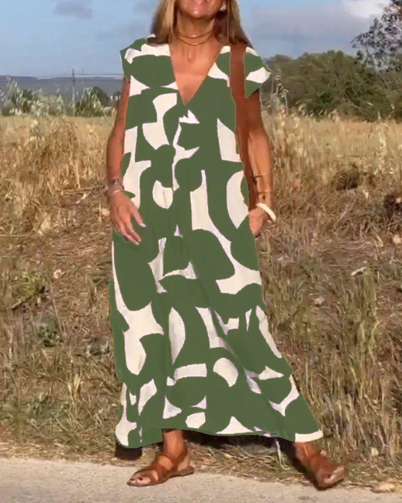 Green and white printed V-neck cap-sleeve maxi dress