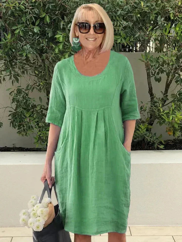 Vivian™ cotton summer dress, green, scoop neck, short sleeves, gathered waist
