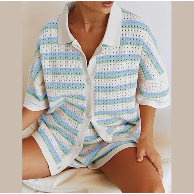 Light blue striped knit button-up shirt and matching shorts set