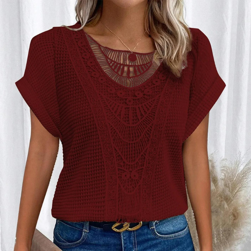 Elegant top in deep red with lace-look yoke, short sleeves, round neckline button