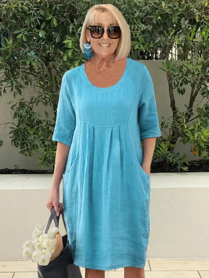 Vivian™ cotton summer dress, light blue, scoop neck, short sleeves, gathered waist