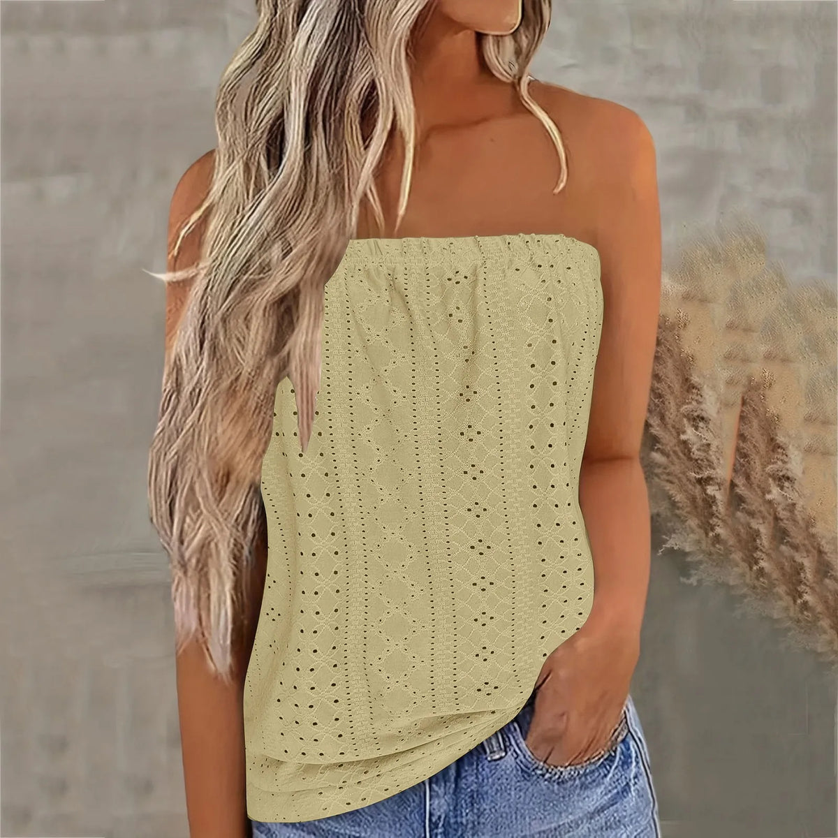 Strapless eyelet summer top in pale cream with lace perforation and trim