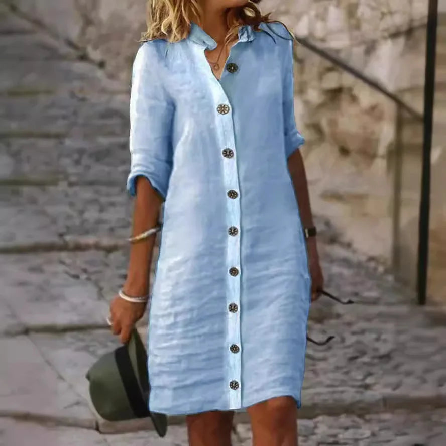 Laura™ light blue linen button-front dress with collar and 3/4 sleeves