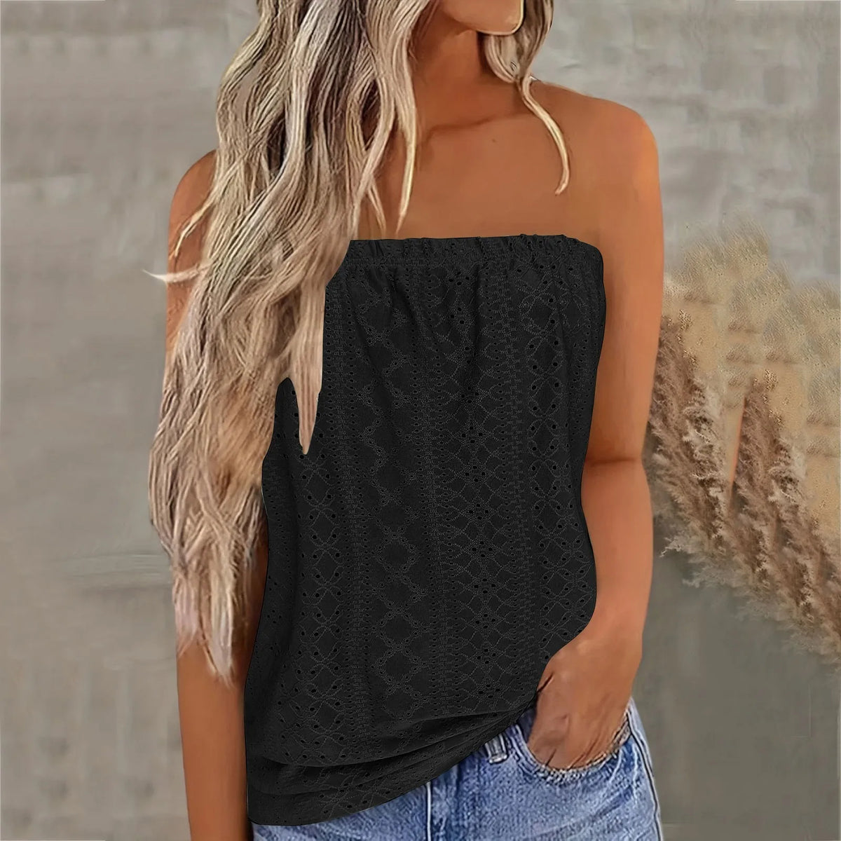 Strapless eyelet summer top in black with lace perforation and trim