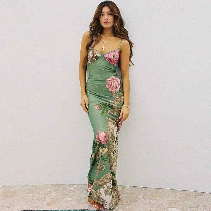 Green floral maxi summer dress with spaghetti straps and fitted skirt