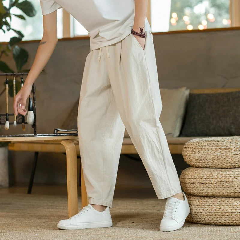 Lorenzo™ summer trousers in beige with drawstring waist and relaxed tapered legs