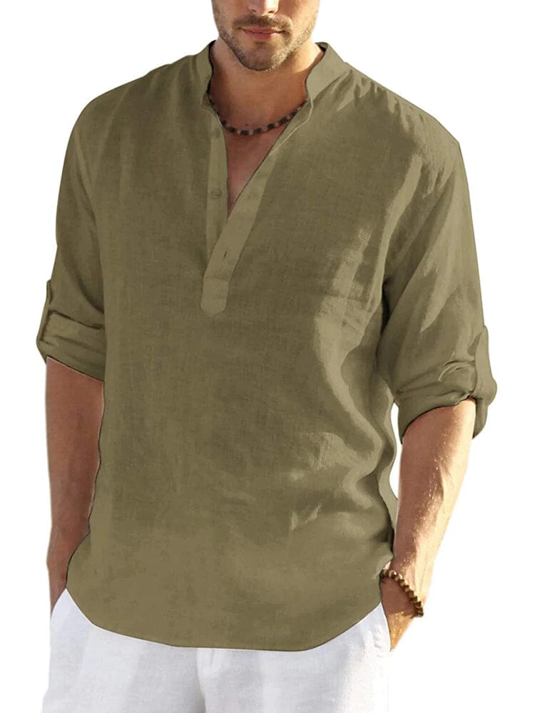 Men's V-neck linen shirt, olive green, 3/4 sleeves with partial button placket
