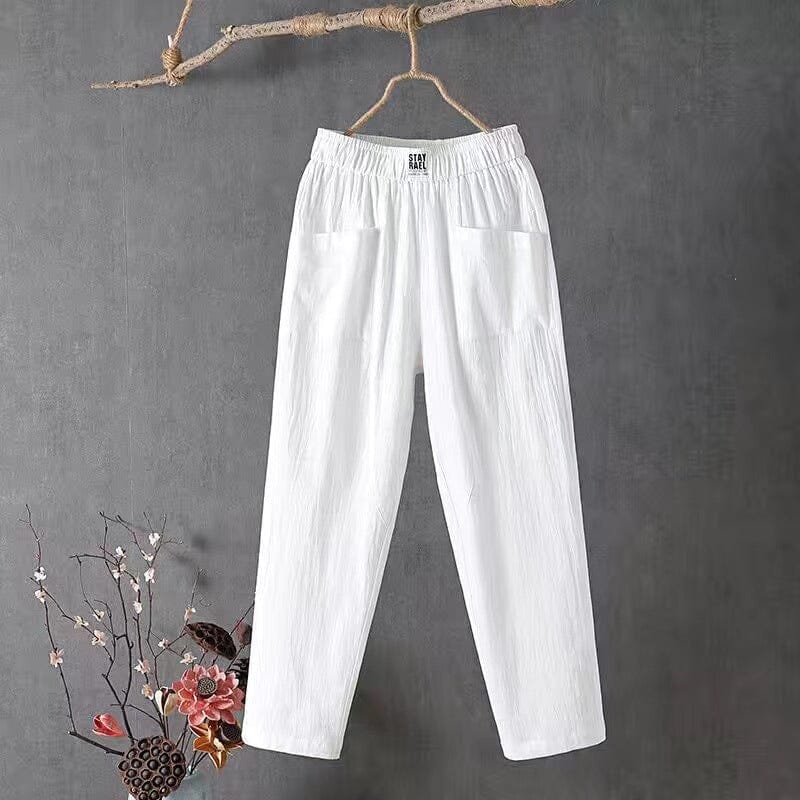 Women’s comfort pants, white, elastic waist, side pockets