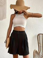 Evelin™ women's black A-line shorts with button front and side pockets