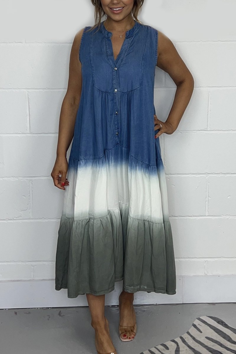 Nina™ summer dress, sleeveless V-neck with button front and blue-white-green tiered hem