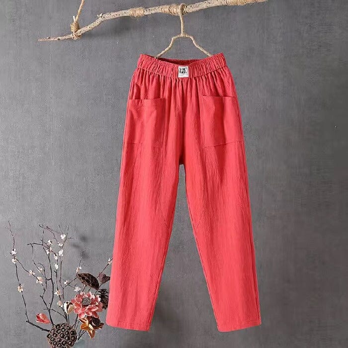 Women’s comfort pants, red, elastic waist, side pockets