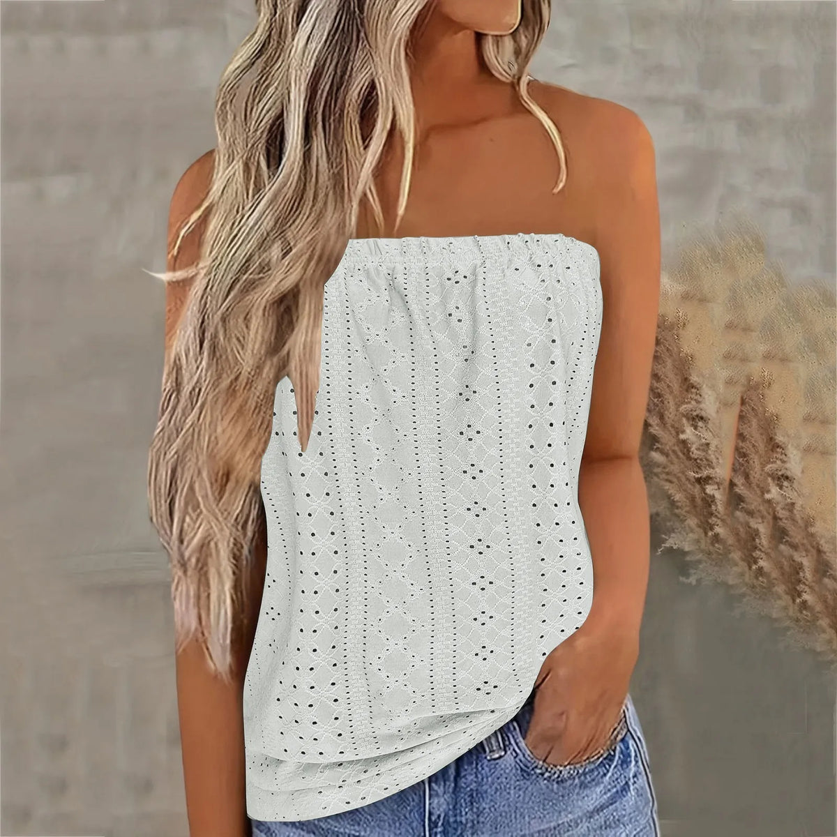 Strapless eyelet summer top in white with lace perforation and trim