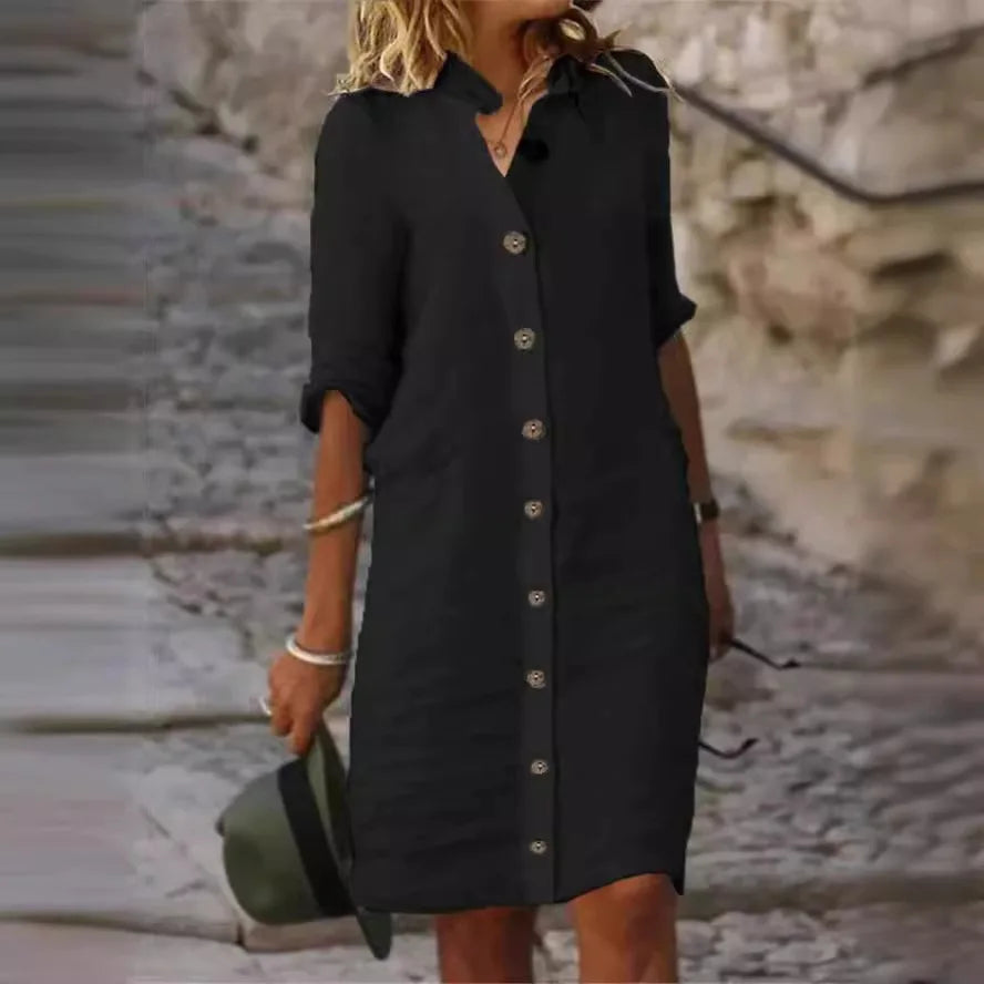 Laura™ black linen button-front dress with collar and 3/4 sleeves