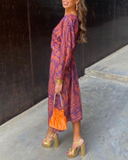 Gaby™ summer dress in purple with gold ornament print, V-neck, tied waist, long sleeves