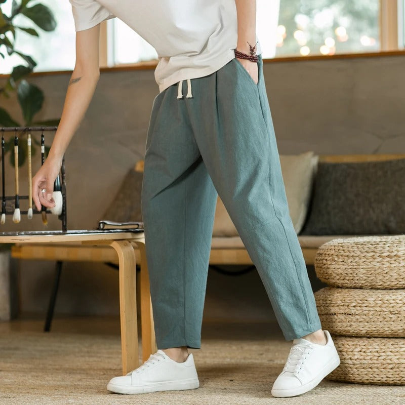Lorenzo™ summer trousers in teal with drawstring waist and tapered ankle cuffs