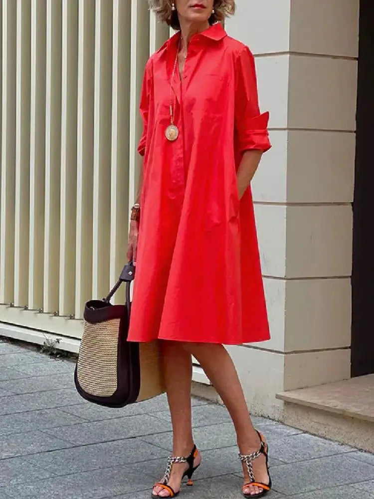 Red button-front stylish dress with collar and long sleeves, knee length