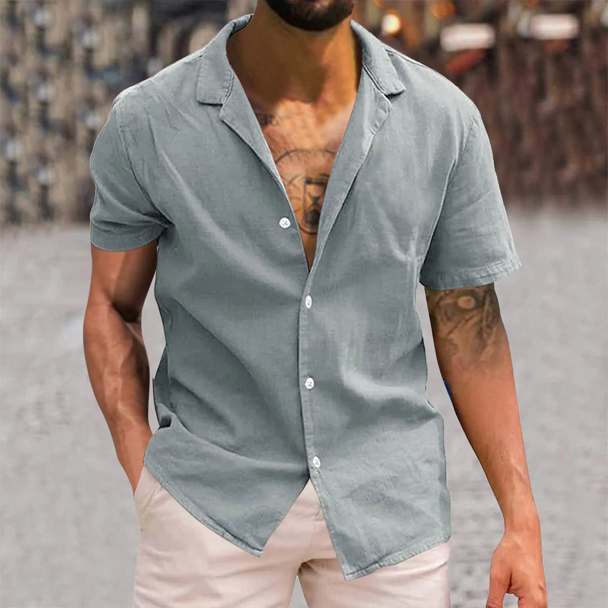 Men's short-sleeve button-up shirt, gray camp collar style
