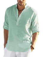 Men's V-neck linen shirt, pale mint, 3/4 sleeves with partial button placket