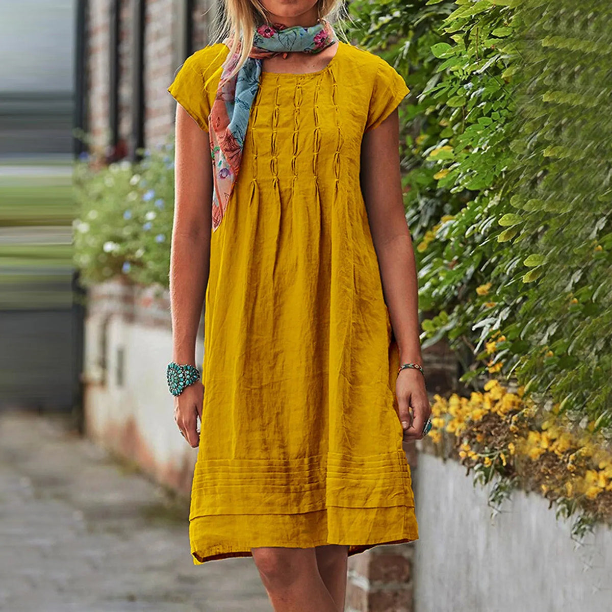 Anna™ women's yellow summer dress with cap sleeves and tiered hem, pintuck texture