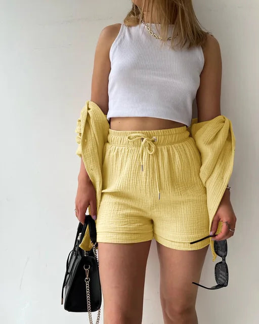 Esra™ Chique co-ord set in yellow: button-front overshirt and drawstring shorts