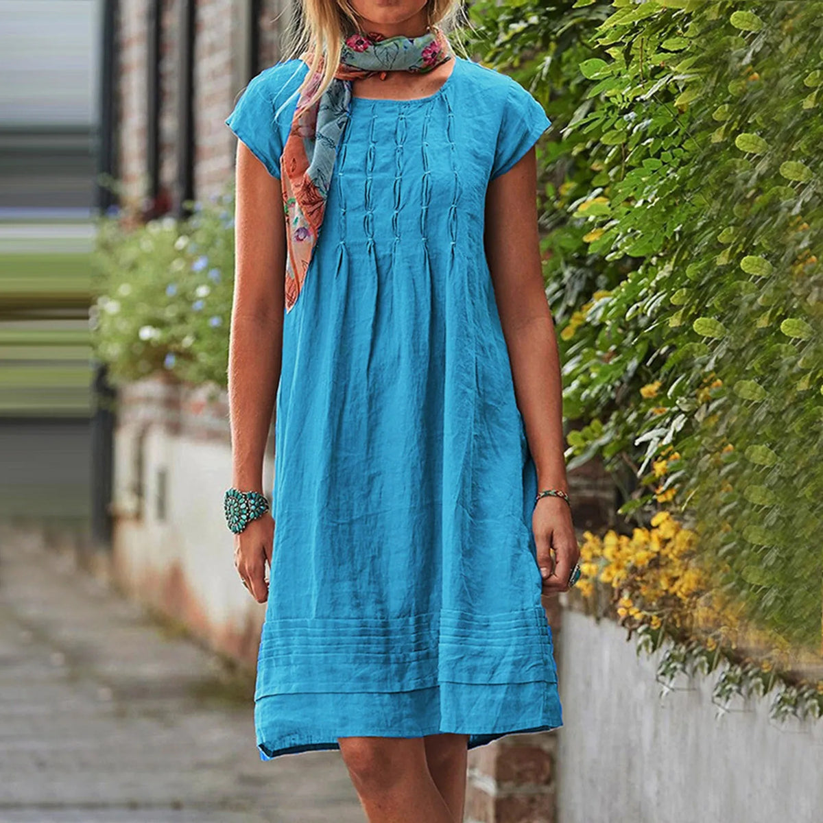 Anna™ women's light blue summer dress with cap sleeves and tiered hem, pintuck texture