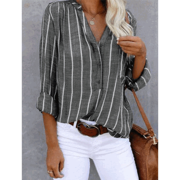 Lise™ striped summer blouse, button-front, 3/4 sleeves, dark gray with white vertical stripes