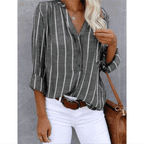 Lise™ striped summer blouse, button-front, 3/4 sleeves, dark gray with white vertical stripes
