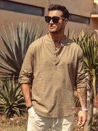 Luciano™ men's polo shirt, olive beige with partial button placket and long sleeves