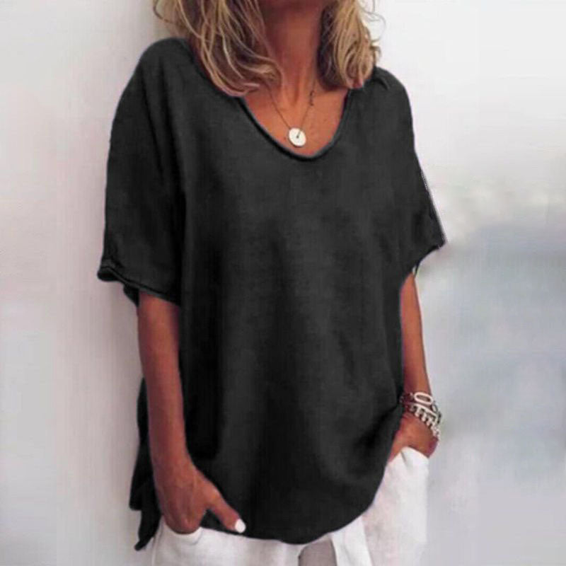 Anna™ loose-fit blouse, short sleeves, scoop neck, black