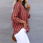 Lise™ striped summer blouse, button-front, rolled 3/4 sleeves, red with white vertical stripes