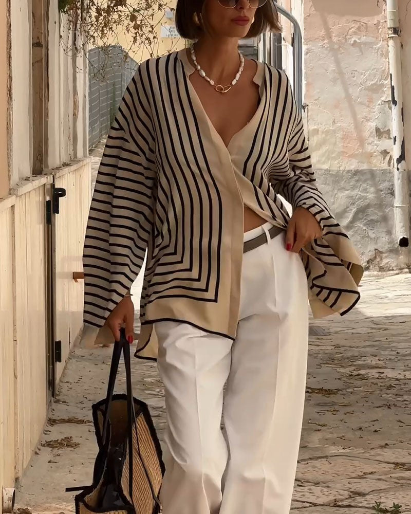 Clara™ elegant blouse, cream with black vertical and geometric stripes, V-neck, long sleeves