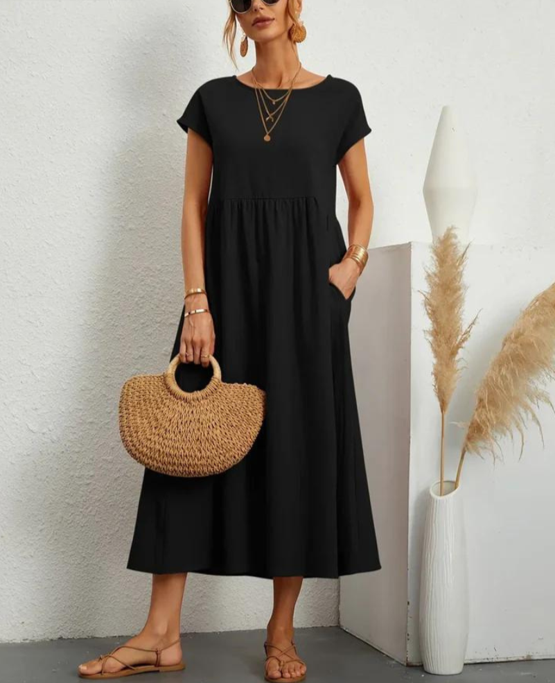 Ruby summer dress in black, tiered midi with short sleeves and scoop neckline