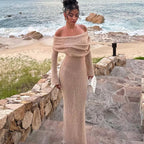 Beige off-shoulder beach dress with long sleeves and floor-length column fit