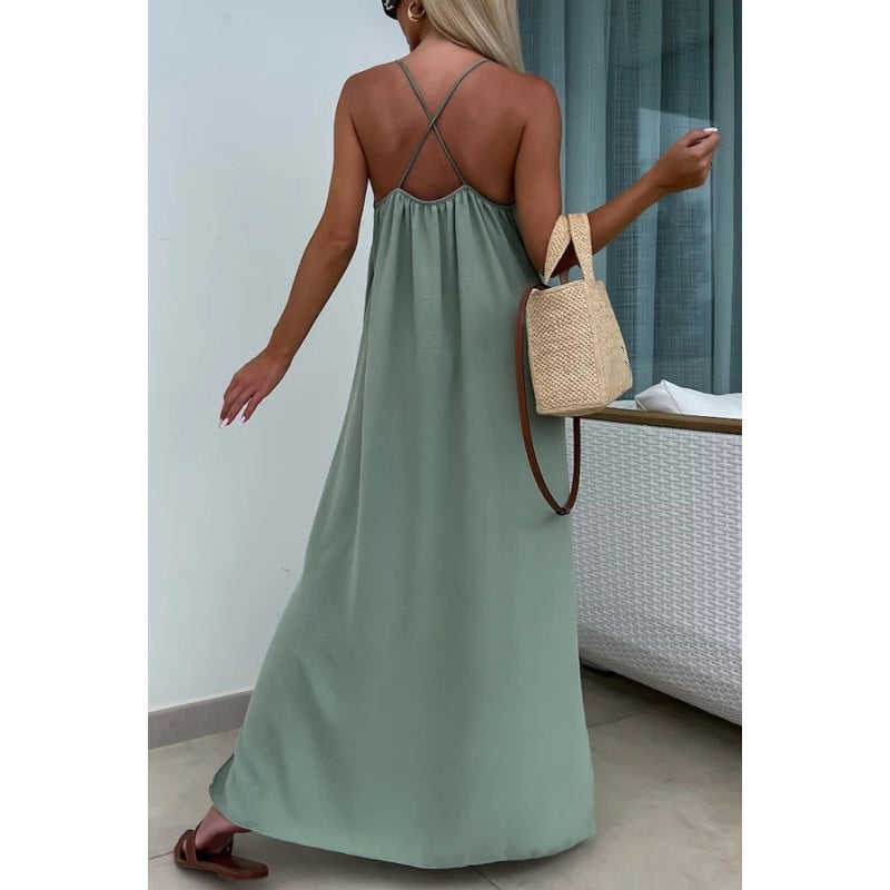 Francesca™ summer dress, sleeveless muted teal maxi with crisscross back and side slit