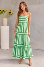 Layla™ green striped tiered maxi dress with spaghetti straps, sleeveless