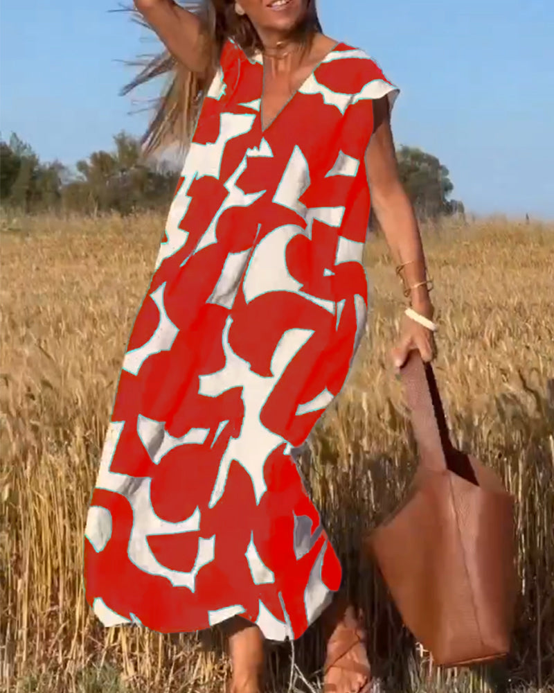 Red and white abstract print V-neck cap-sleeve maxi dress