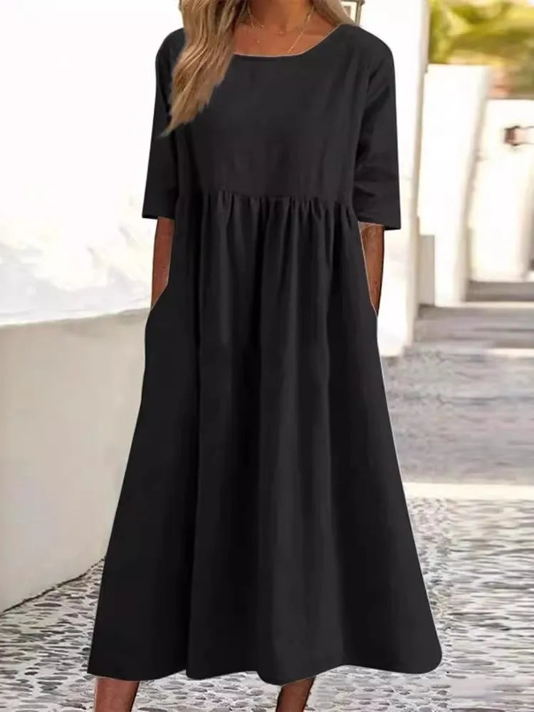 Norah™ summer dress in black, short sleeves, round neck, gathered waist, midi length