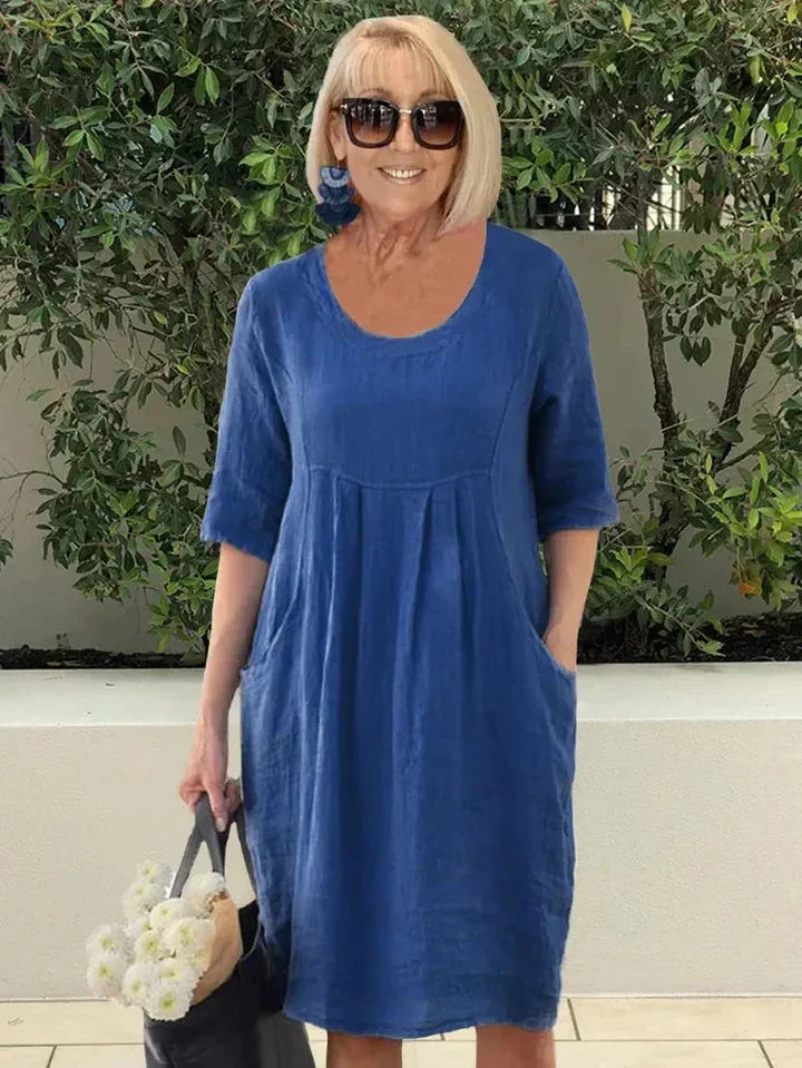Vivian™ cotton summer dress, blue, scoop neck, short sleeves, gathered waist
