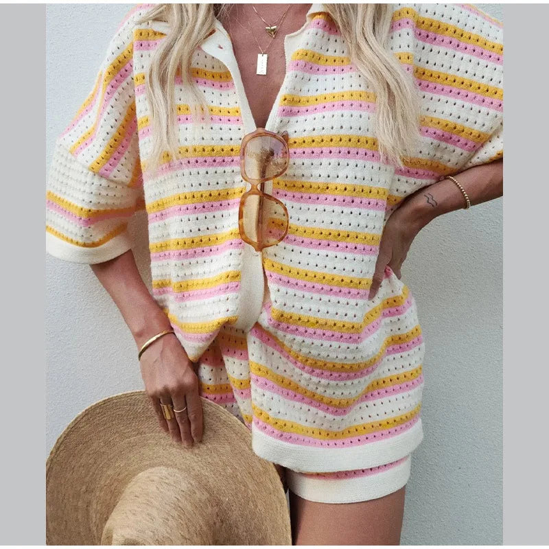 Multicolor striped knit button-up shirt with V-neck and matching shorts set