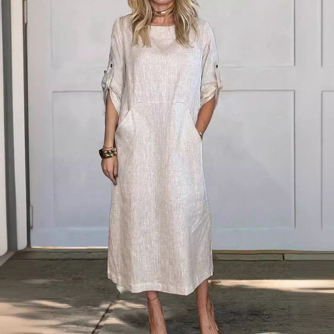 Merel™ summer dress in white, relaxed midi length with short sleeves and crew neckline