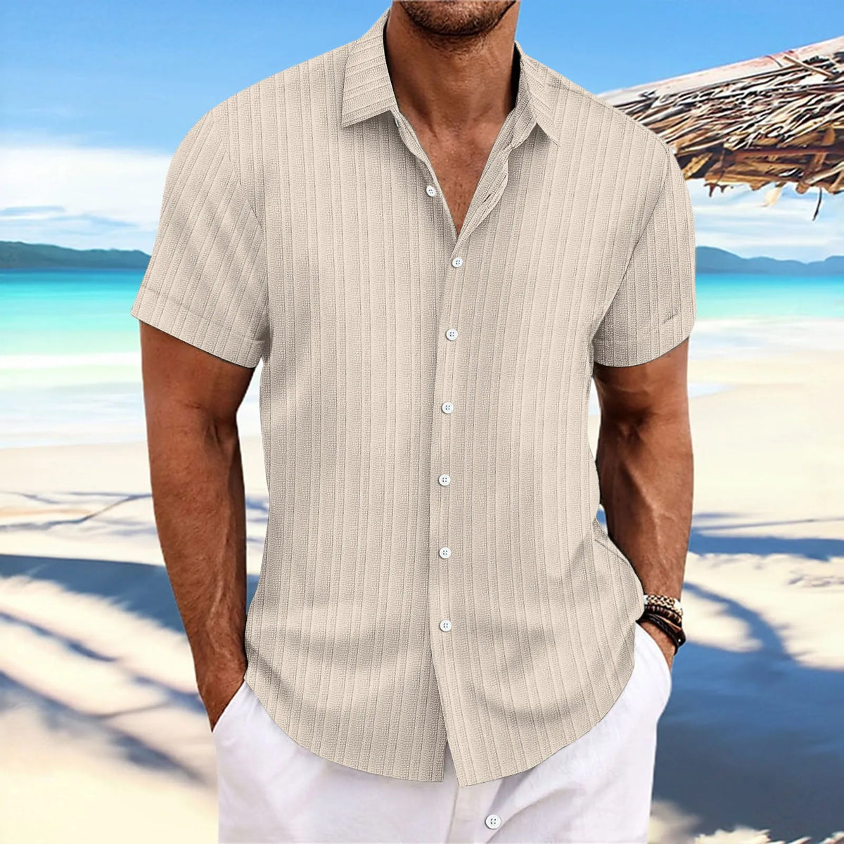 Beige pinstripe short-sleeve button-up casual blouse with spread collar