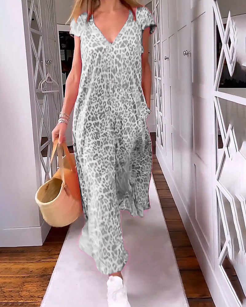 White and gray V-neck maxi dress with leopard print, ruffled cap sleeves and long hem