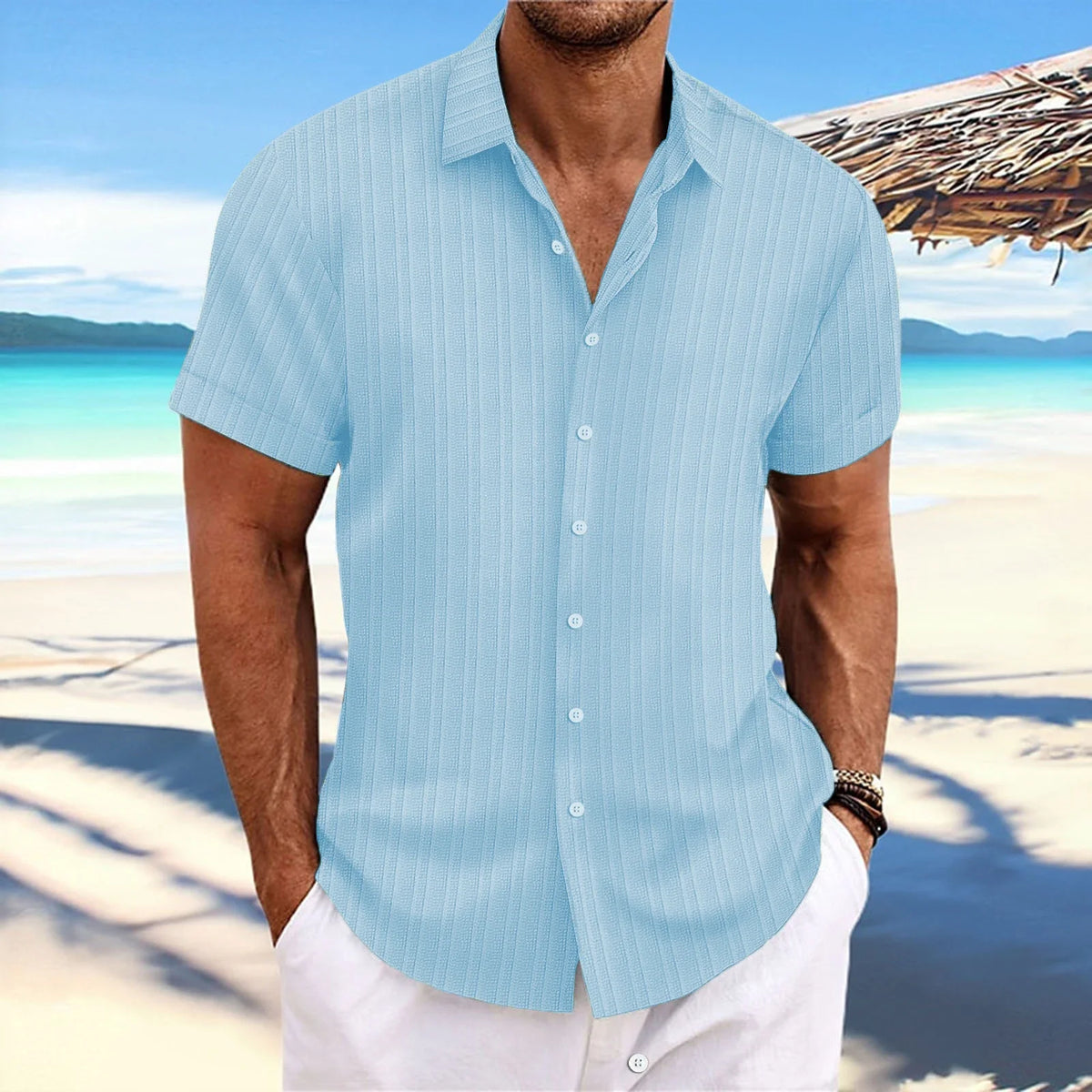 Light blue pinstripe short-sleeve button-up casual blouse with spread collar